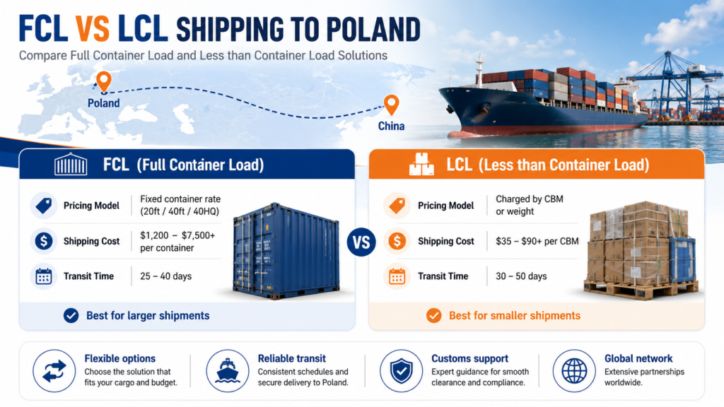 FCL vs LCL shipping to Poland comparison showing container load options, shipping costs, transit time, cargo handling, and best volume range.