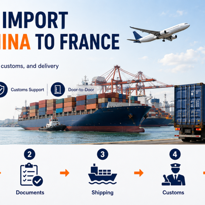 How to import from China to France guide showing shipping routes, customs duties, VAT, and freight options