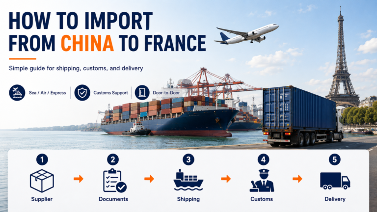 How to import from China to France guide showing shipping routes, customs duties, VAT, and freight options