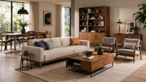 Modern furniture showroom with sofa, dining table, chairs, coffee table and wooden cabinet for shipping furniture from China to Germany