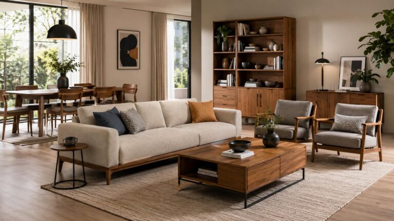 Modern furniture showroom with sofa, dining table, chairs, coffee table and wooden cabinet for shipping furniture from China to Germany