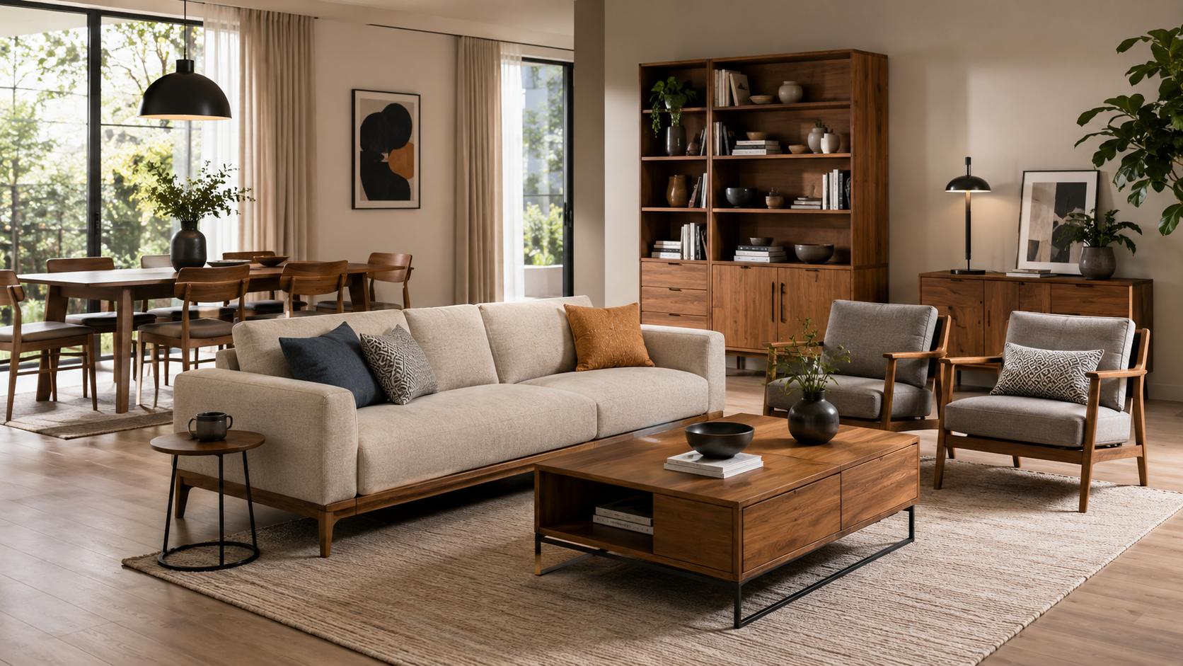 Modern furniture showroom with sofa, dining table, chairs, coffee table and wooden cabinet for shipping furniture from China to Germany