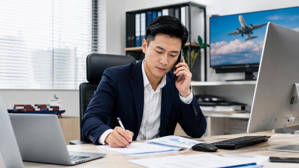 Freight forwarding agent managing import shipments from China to France with international logistics support