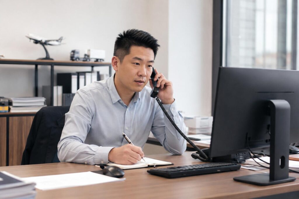 International freight forwarder in an office arranging shipping from China to Stockholm, including air freight, sea freight, customs clearance, and door-to-door delivery.