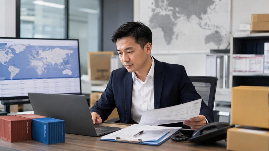 International freight forwarder arranging shipping from China to Antwerp in a logistics office