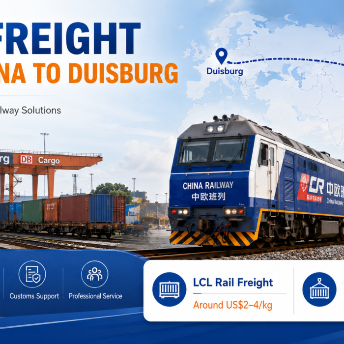 Rail freight from China to Duisburg guide showing China-Europe freight train, transit time, shipping costs, rail routes, and logistics services between China and Germany.