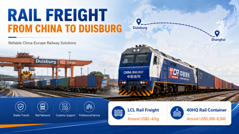 Rail freight from China to Duisburg guide showing China-Europe freight train, transit time, shipping costs, rail routes, and logistics services between China and Germany.