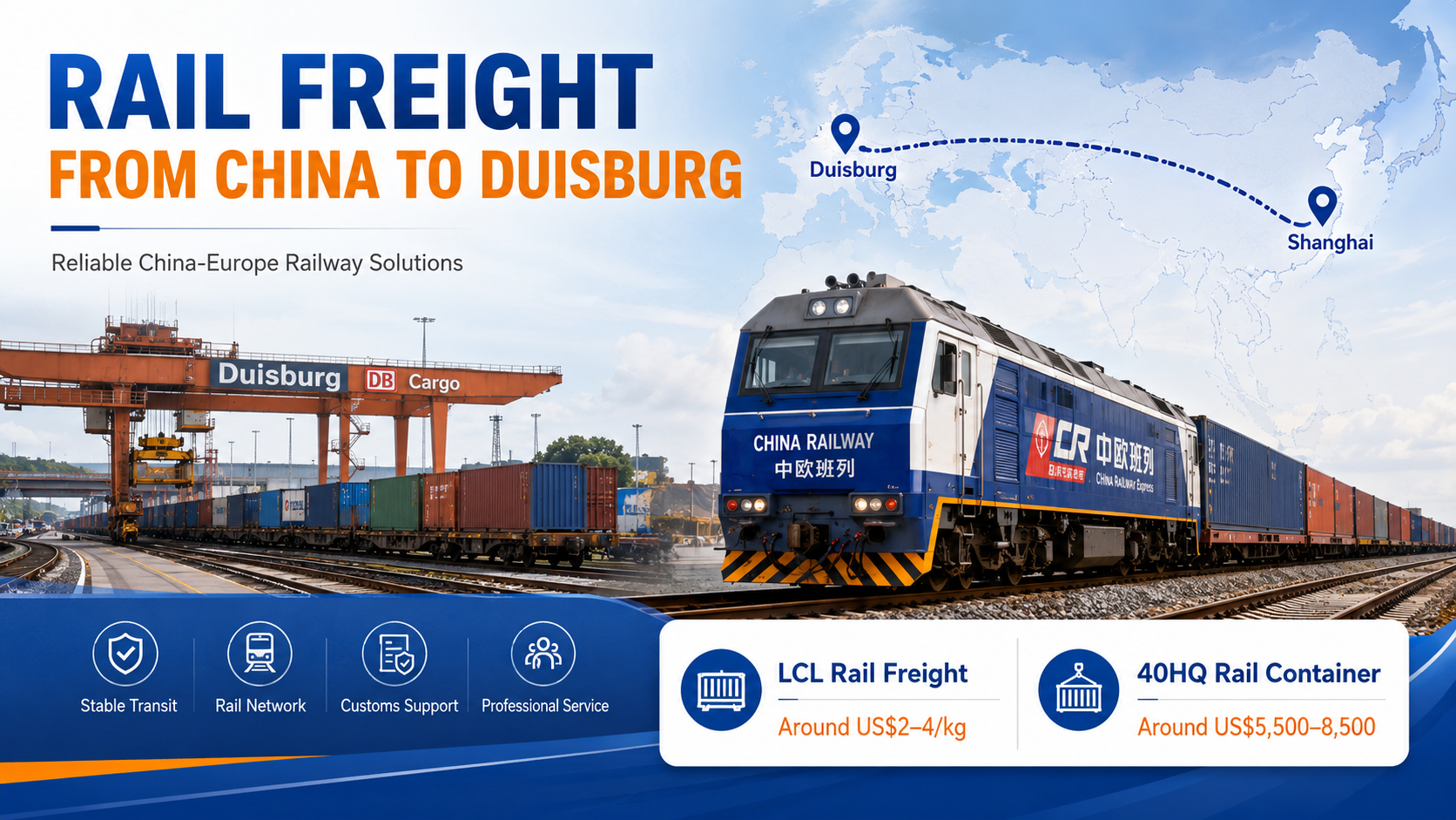 Rail freight from China to Duisburg guide showing China-Europe freight train, transit time, shipping costs, rail routes, and logistics services between China and Germany.