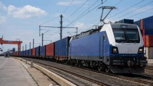 Freight train transporting containers for rail freight from China to Germany