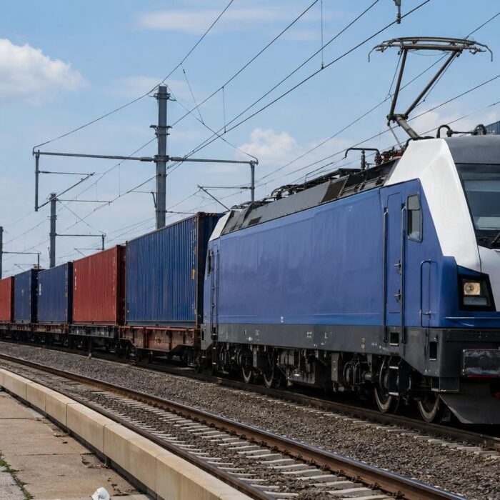 Trem de carga transportando contêineres para transporte ferroviário de mercadorias da China para a Alemanha.