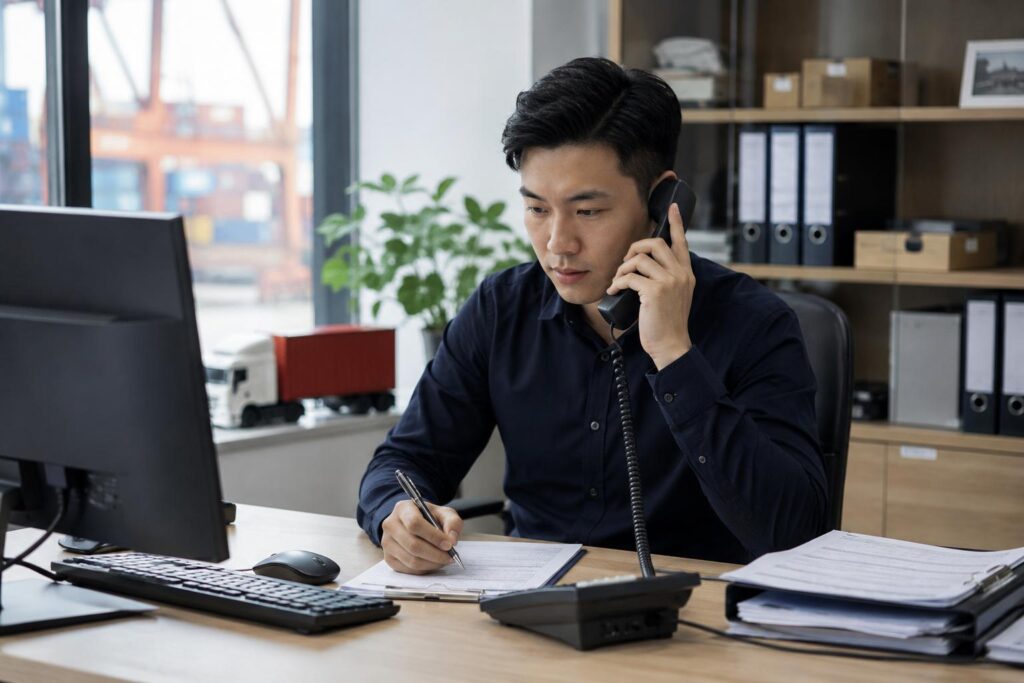 Chinese freight forwarding agent coordinating rail freight shipments from China to Duisburg in a modern logistics office.
