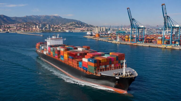 Vectura maritima e Sinis in Italiam cum nave continenti in portu
