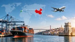 Container ship and air freight route from China to Portugal showing international shipping and logistics services.