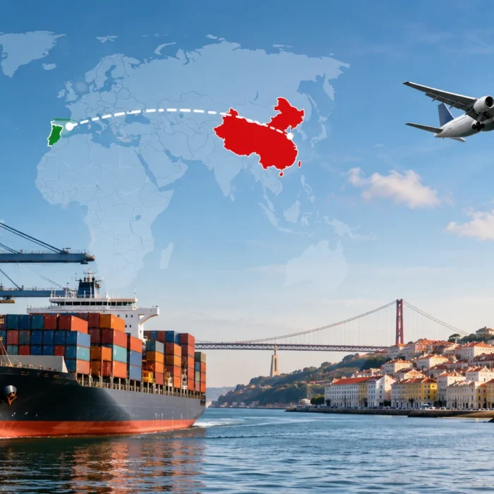 Rota de transporte marítimo e aéreo de contêineres da China para Portugal, demonstrando os serviços internacionais de transporte e logística.