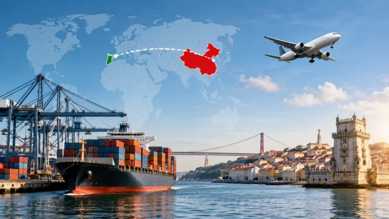 Container ship and air freight route from China to Portugal showing international shipping and logistics services.