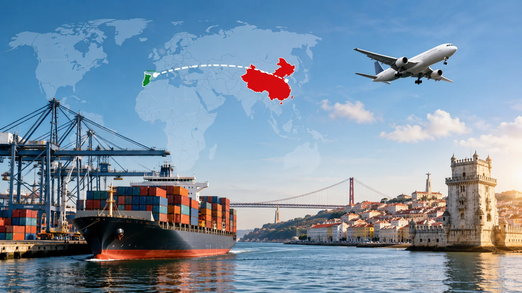 Container ship and air freight route from China to Portugal showing international shipping and logistics services.