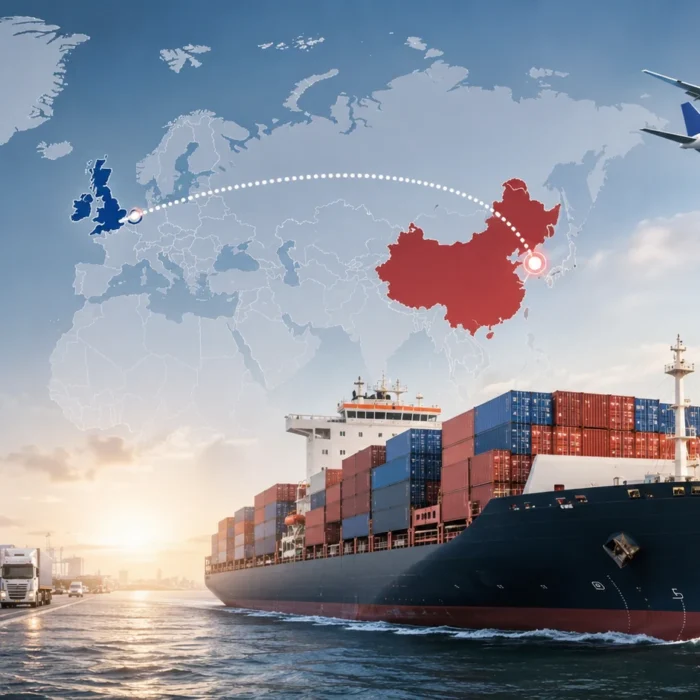 Rota de frete marítimo e aéreo da China para o Reino Unido, mostrando os custos dos serviços de transporte marítimo internacional.