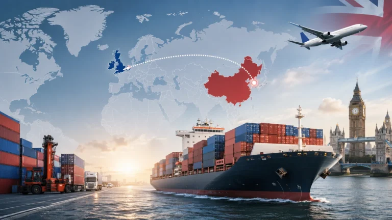 Container ship and air freight route from China to the UK showing international shipping cost services.
