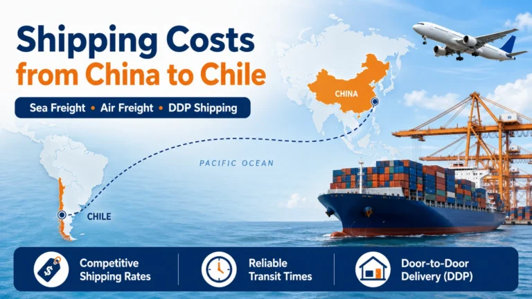 Shipping costs from China to Chile by sea freight, air freight, and DDP door-to-door delivery, showing a logistics route across the Pacific Ocean from China to Chile.