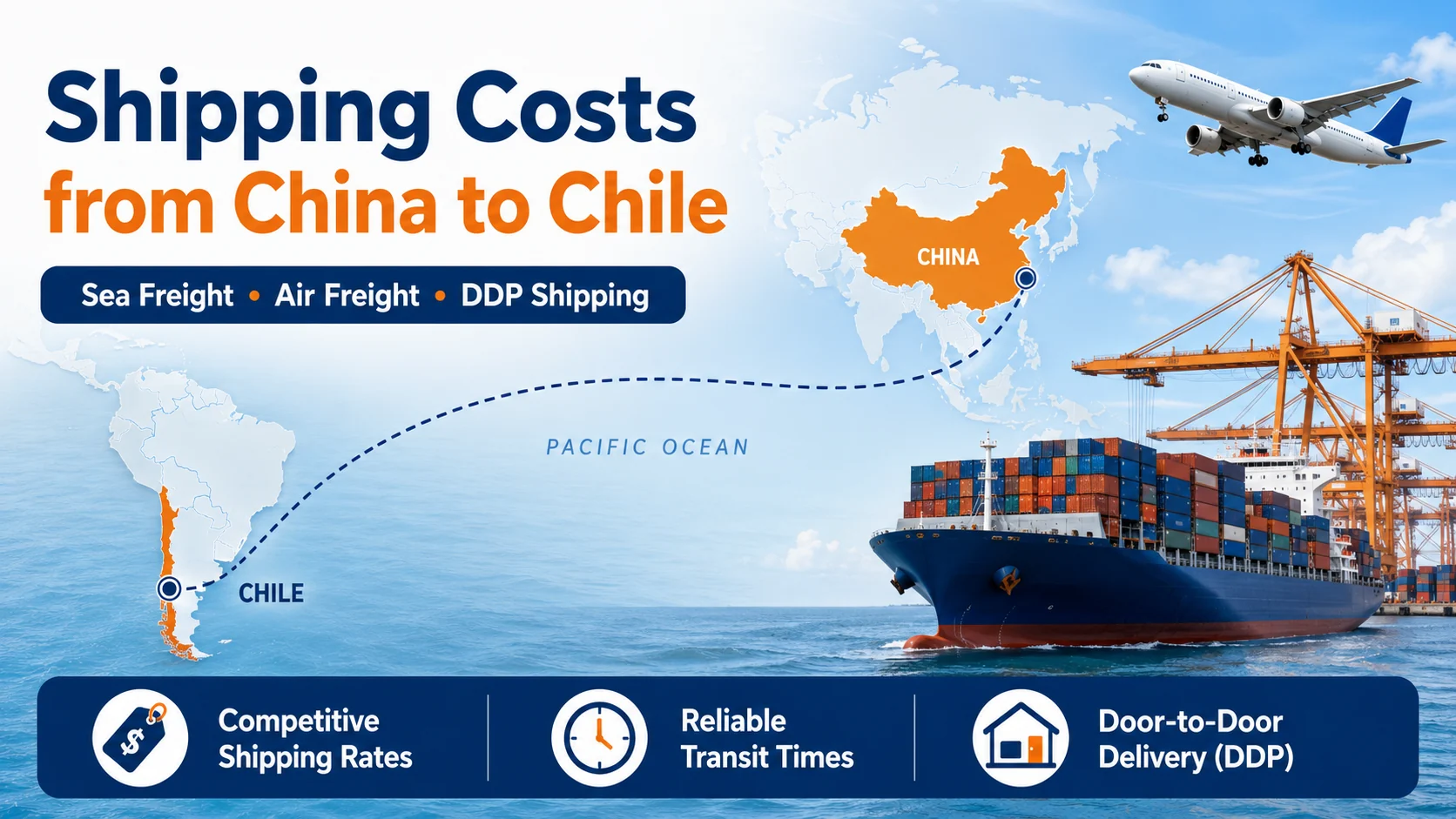 Shipping costs from China to Chile by sea freight, air freight, and DDP door-to-door delivery, showing a logistics route across the Pacific Ocean from China to Chile.