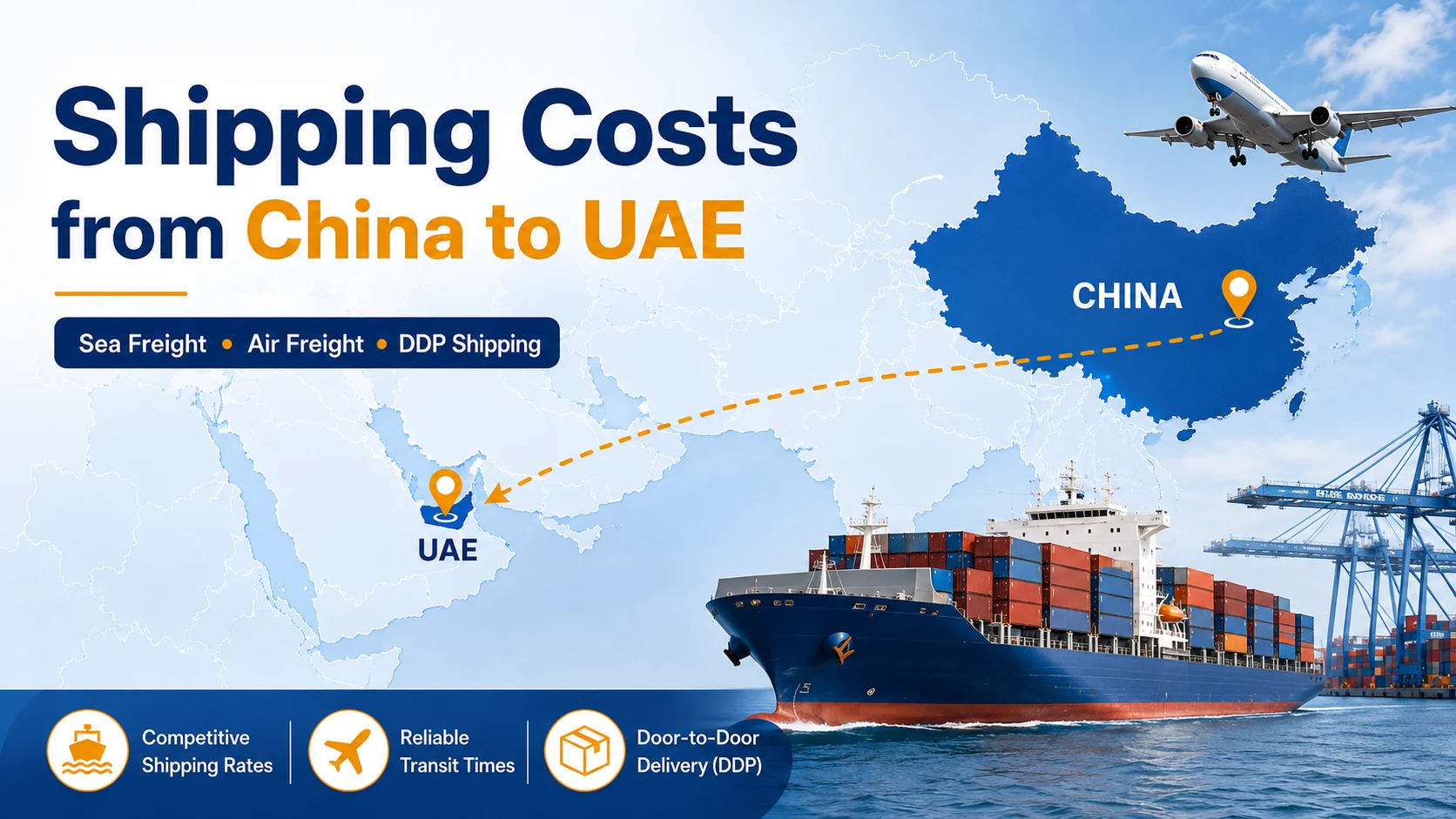 Shipping costs from China to UAE by sea freight, air freight, and DDP door-to-door shipping, showing a logistics route from China to the United Arab Emirates.