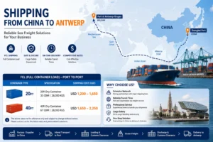 Shipping from China to Antwerp by sea freight, air freight, rail freight, and door-to-door logistics, showing the route from Shanghai Port to the Port of Antwerp-Bruges.