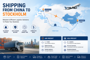 Shipping from China to Stockholm infographic showing air freight, sea freight, rail freight, transit times, shipping costs, customs clearance, and major transport routes between China and Sweden.
