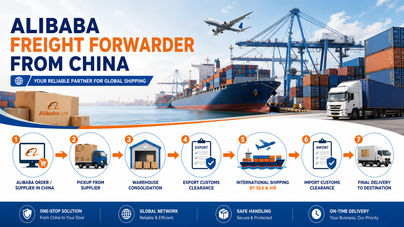 Alibaba freight forwarder from China shipping services for sea freight, air freight, customs clearance, and door to door delivery