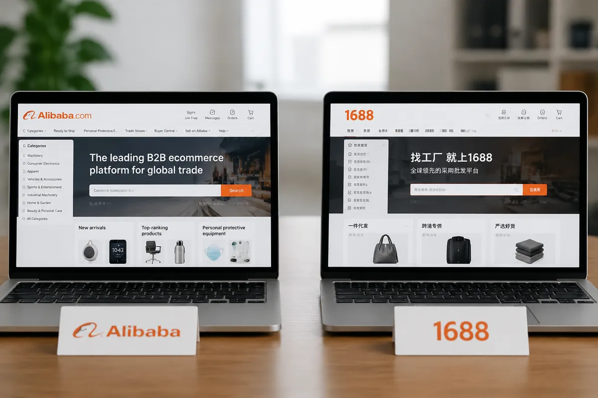 Alibaba and 1688 sourcing comparison shown on two laptop screens, illustrating the difference between Alibaba for international buyers and 1688 for China domestic wholesale sourcing.
