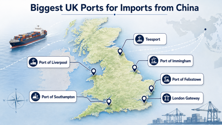 Map of the biggest UK ports for imports from China, including Felixstowe, London Gateway, Southampton, Liverpool, and Teesport