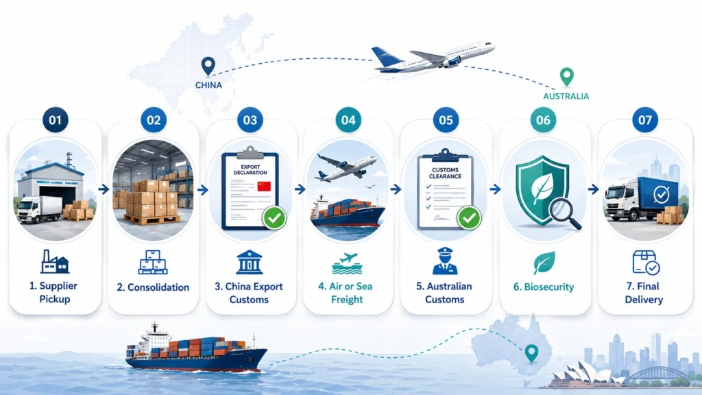 China to Australia door-to-door shipping process from supplier pickup to customs clearance and final delivery.