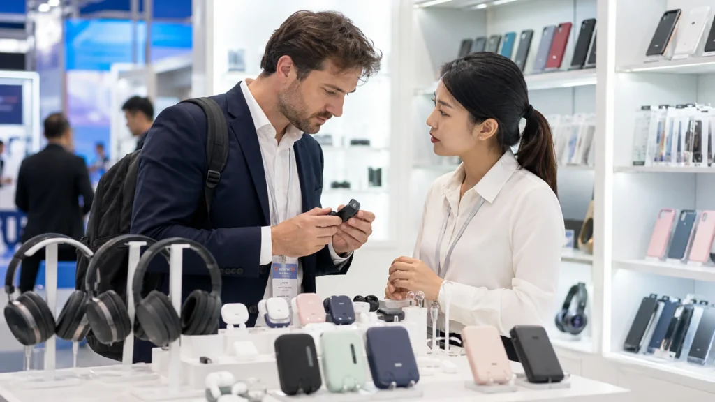 International buyer discussing consumer electronics with a Chinese supplier at a trade show