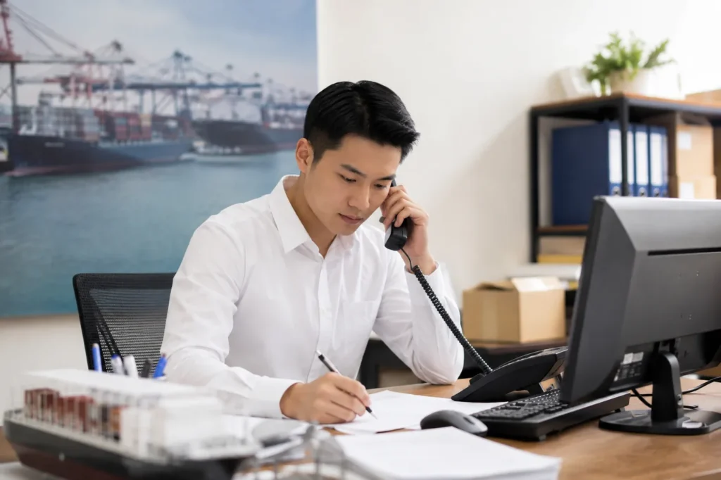 Freight forwarder reviewing FAS Incoterms shipping documents and coordinating cargo delivery at the port.