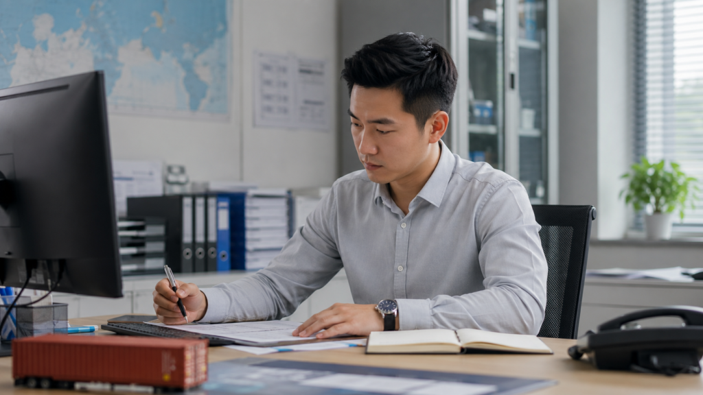 Freight forwarder comparing FedEx, UPS, and DHL international logistics services