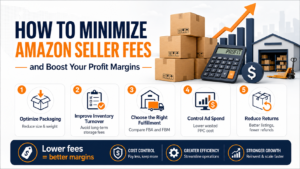 Infographic showing ways to minimize Amazon seller fees through packaging, inventory, fulfillment, and cost optimization.