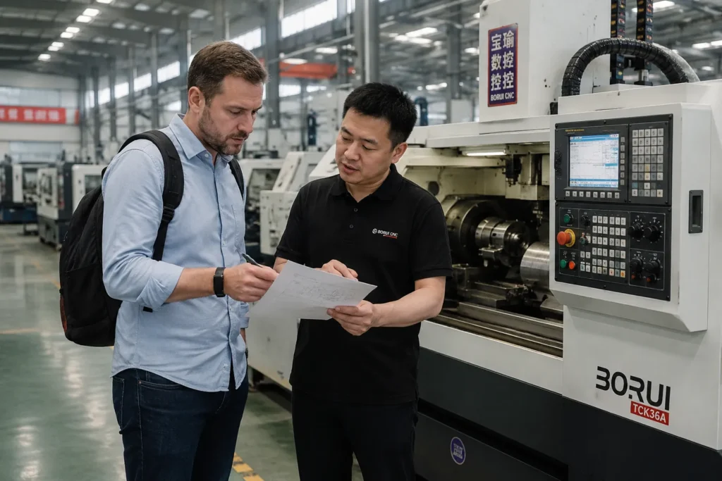 International buyer reviewing industrial machinery with a Chinese supplier at a factory