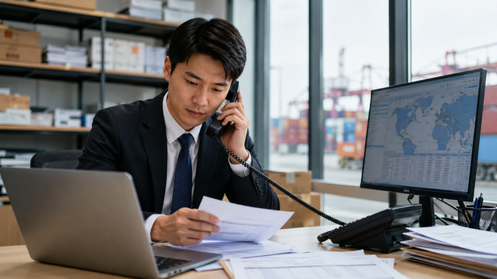 Freight forwarder working in an office, managing international logistics and shipping services from China to Europe.