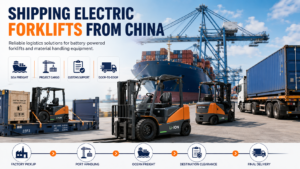 Shipping electric forklifts from China by container freight, showing forklift loading, shipping methods, battery documents, customs clearance, and delivery process.