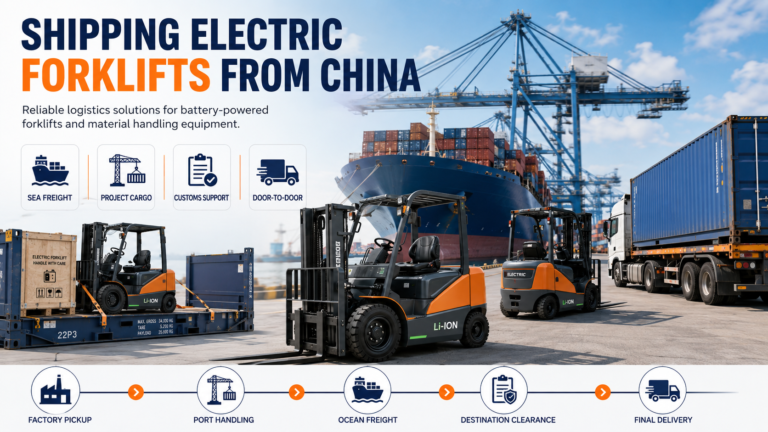 Transportul stivuitoarelor electrice din China prin container, cu informații despre încărcarea stivuitorului, metodele de transport, documentele pentru baterii, vămuirea și procesul de livrare.