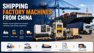 Shipping factory machines from China with containers, cranes, forklifts, and industrial machinery for international freight