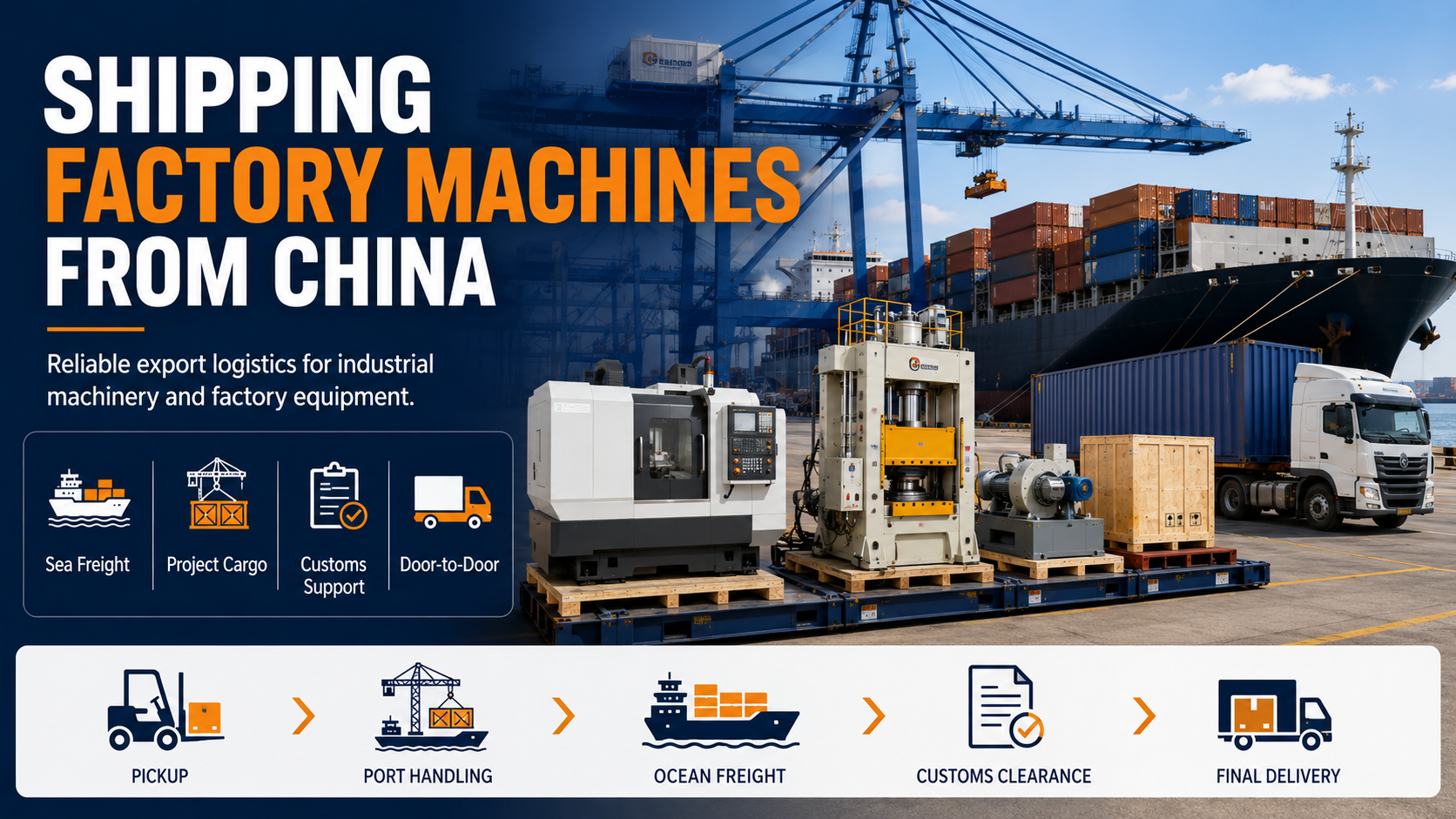 Shipping factory machines from China with containers, cranes, forklifts, and industrial machinery for international freight
