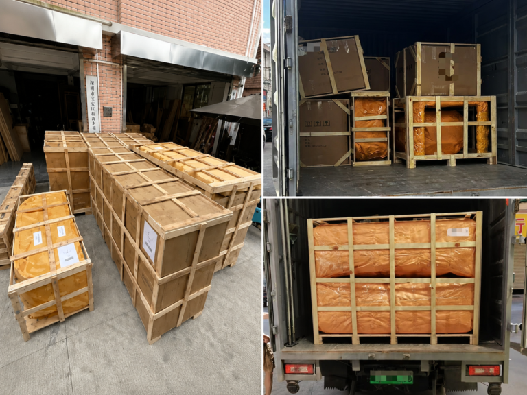 Furniture shipment packed in wooden crates and loaded onto a truck for sea freight from Shenzhen to Switzerland.