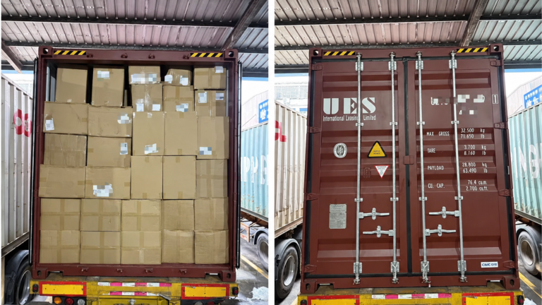 Guitar cartons loaded into a shipping container and sealed for DDP sea freight from Shenzhen to the USA.