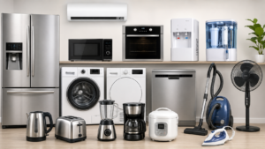 Home appliances including washing machine, refrigerator, oven, microwave and small kitchen appliances prepared for shipping from China