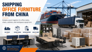 Shipping office furniture from China by sea freight, including desks, chairs, cabinets, and commercial furniture cargo.