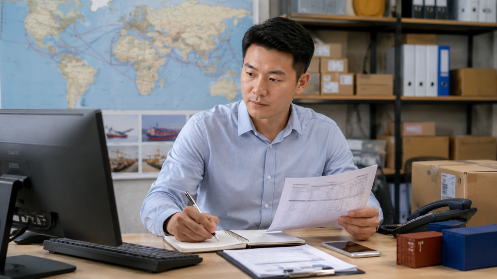 Chinese freight forwarder managing office furniture shipping from China in a logistics office.