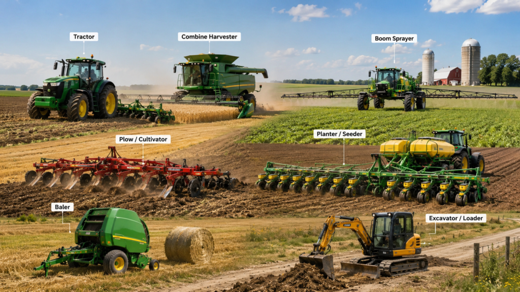 Different types of agricultural machinery, including tractors, harvesters, seeders, sprayers and farm equipment used in modern farming.