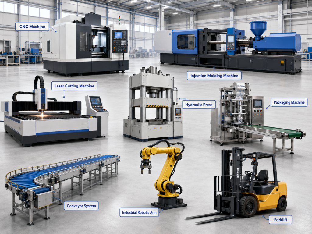 Types of factory machines including CNC machine, injection molding machine, laser cutting machine, hydraulic press, packaging machine, conveyor system, robotic arm, and forklift in a modern factory.