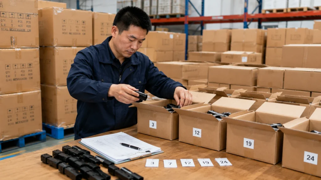 A quality inspector randomly selecting product samples from multiple cartons during an AQL inspection in China.
