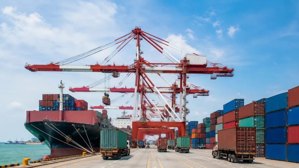 Containers being loaded at a China port terminal for sea freight shipping to Australia.